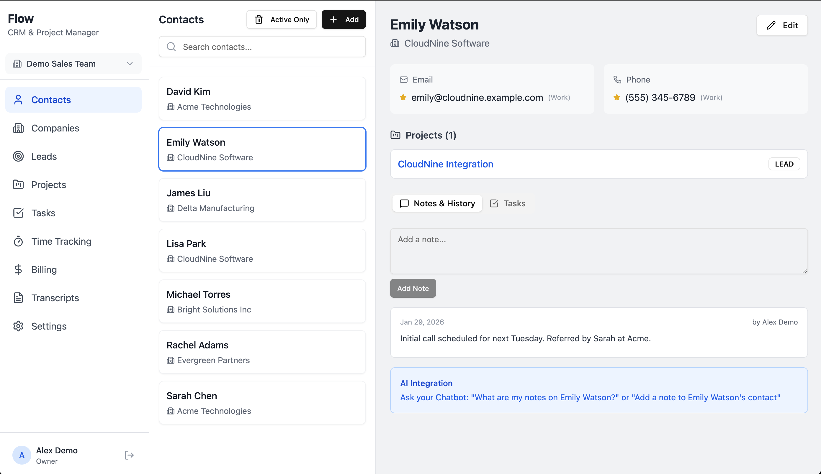Contact view with AI-powered notes and insights